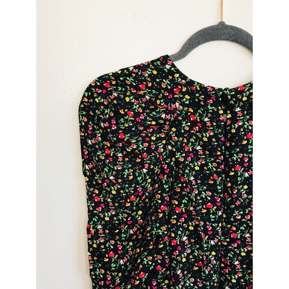 AFRM Top Garden Floral Blouse Puffed Drape Sleeve Black Viscose Zip, M - Picture 10 of 16